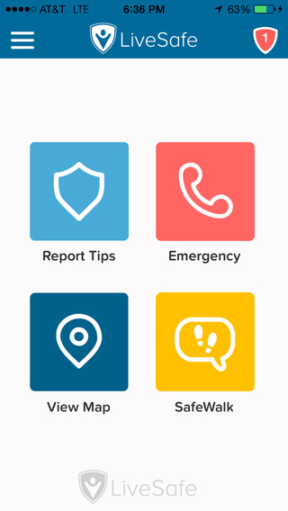 Schermafbeelding van het hoofdmenu van de LiveSafe-app op een iPhone, met vier knoppen: Report Tips, Emergency, View Map en SafeWalk.