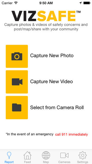 Schermafbeelding van het startscherm van de VizSAFE-app met gele knoppen voor “Capture New Photo”, “Capture New Video” en “Select from Camera Roll”, en onderaan de oproep bij nood 911 te bellen.