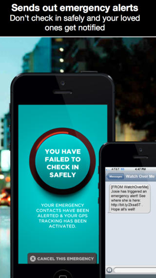 Promotiebeeld van Watch Over Me, “Sends out emergency alerts”: de app meldt “You have failed to check in safely” en waarschuwt noodcontacten. Een tweede telefoon toont het sms-alarm met een link naar de locatie.