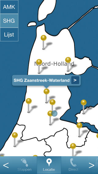 Locatiescherm van de Meldcode app met een kaart van Noord-Holland vol gele spelden voor hulpinstanties, met het label “SHG Zaanstreek-Waterland”. Links knoppen voor AMK, SHG en Lijst.