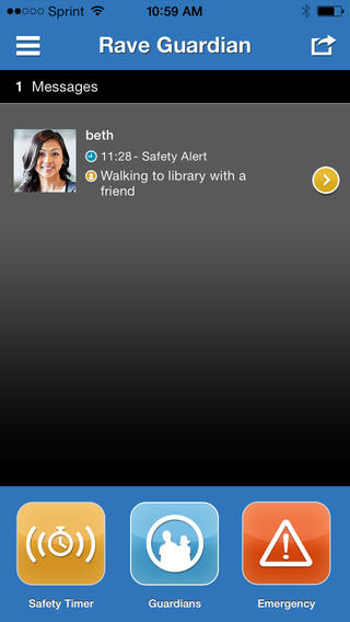 Schermafbeelding van de app Rave Guardian met een veiligheidsmelding van gebruiker beth: “Walking to library with a friend”. Onderaan staan de knoppen Safety Timer, Guardians en Emergency.