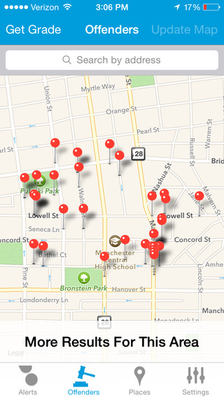Schermafdruk van het tabblad Offenders in ping4alerts! met een stadskaart vol rode spelden rond Manchester Central High School en de knop “More Results For This Area”.