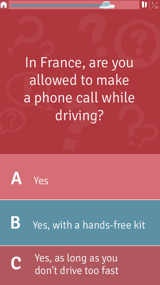 Quizscherm van Going Abroad met de vraag of je in Frankrijk mag bellen tijdens het rijden en drie antwoorden, waaronder “Yes, with a hands-free kit”.