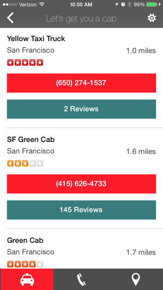 Scherm “Let’s get you a cab” in de app SaferRide met een lijst taxibedrijven in San Francisco, elk met afstand, sterrenwaardering, een rode belknop en het aantal reviews.