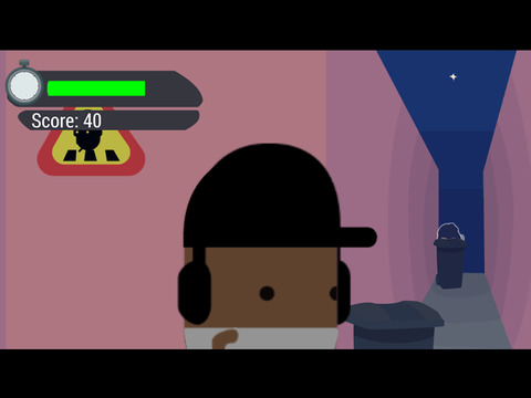 Schermafbeelding van de game Appy Student: een figuurtje met pet in een steegje met vuilnisbakken, met een tijdbalk en de score 40.