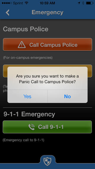 Het noodscherm van Rave Guardian met de knoppen “Call Campus Police” en “Call 9-1-1”. Een pop-up vraagt of je zeker weet dat je een paniekoproep naar de campuspolitie wilt doen.