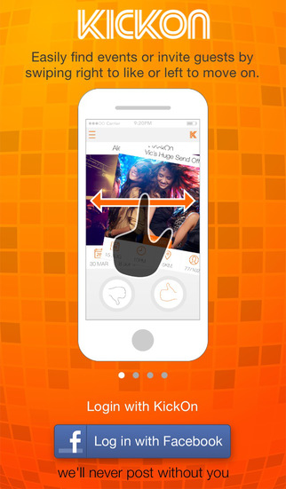 Startscherm van de app KickOn op een oranje achtergrond: je vindt feesten of nodigt gasten uit door naar links of rechts te vegen. Onderaan een knop “Log in with Facebook”.