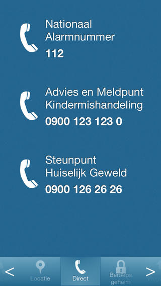 Scherm “Direct” van de Meldcode app met telefoonnummers om direct te bellen: het Nationaal Alarmnummer 112, het Advies en Meldpunt Kindermishandeling en het Steunpunt Huiselijk Geweld.