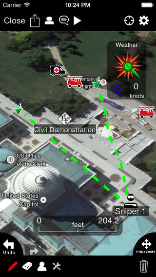 Schermafbeelding van Tactical Police Table met een luchtfoto van het Capitool in Washington, een looproute, iconen van hulpdiensten, een “Civil Demonstration” en een “Sniper 1”.