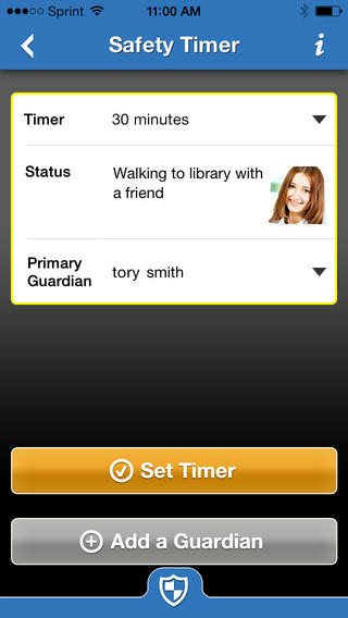 Het scherm Safety Timer in Rave Guardian, met een timer van 30 minuten, een statusbericht en een gekozen guardian. Daaronder de knoppen “Set Timer” en “Add a Guardian”.