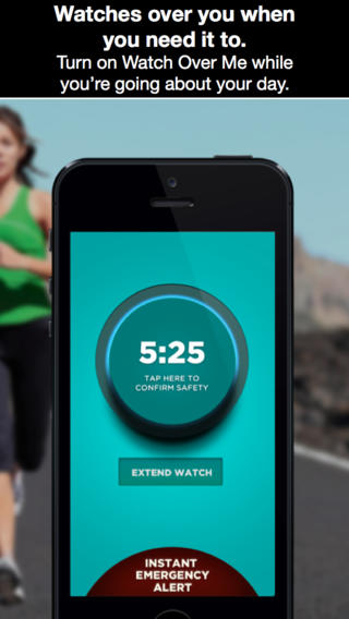 Promotiebeeld van Watch Over Me met een hardloopster op de achtergrond. Op de iPhone loopt een timer van 5:25 met de knop “Tap here to confirm safety”.
