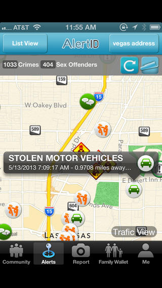 Schermafbeelding van de app AlertID met een kaart van Las Vegas vol misdaadiconen, 1033 misdrijven en een melding “Stolen motor vehicles”.