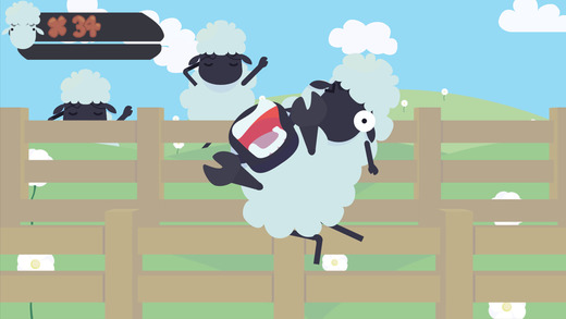 Schermafbeelding van de game Appy Student: getekende schapen springen over een houten hek, met een teller op 34.