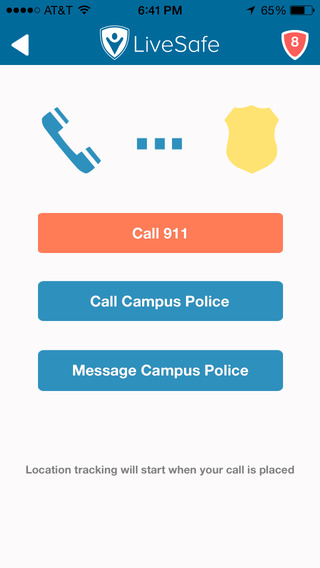 Scherm van de app LiveSafe met de knoppen “Call 911”, “Call Campus Police” en “Message Campus Police”. Onderaan staat dat locatietracking begint zodra je belt.