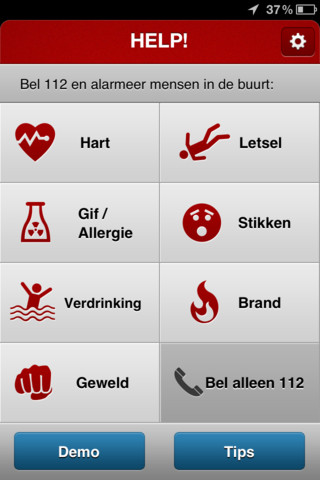 Schermafdruk van de HELP!-app met de tekst “Bel 112 en alarmeer mensen in de buurt” en rode knoppen voor onder meer Hart, Letsel, Gif / Allergie, Stikken, Verdrinking, Brand, Geweld en Bel alleen 112.