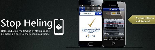 Banner van de app Stop Heling met twee smartphones, een met de melding “Dit serienummer staat niet bekend als een gestolen product.” van de politie en een die een streepjescode scant, en de tekst “For both iPhone and Android”.