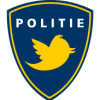 Blauw politieschild met gele rand, de tekst POLITIE en het gele Twitter-vogeltje.