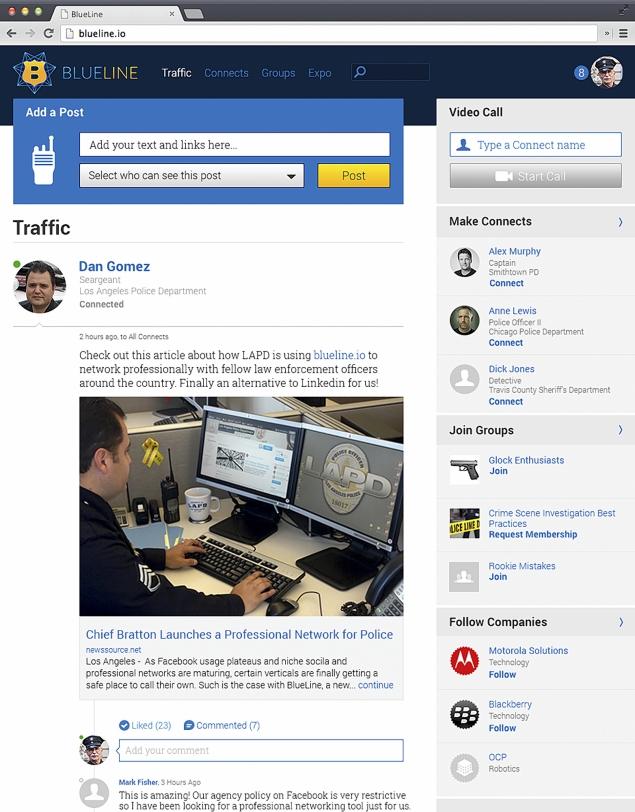 Schermafbeelding van BlueLine, een sociaal netwerk voor politiemensen, met een tijdlijn, contactsuggesties en groepen. Een bericht deelt het artikel “Chief Bratton Launches a Professional Network for Police” met een foto van een agent achter een computer.