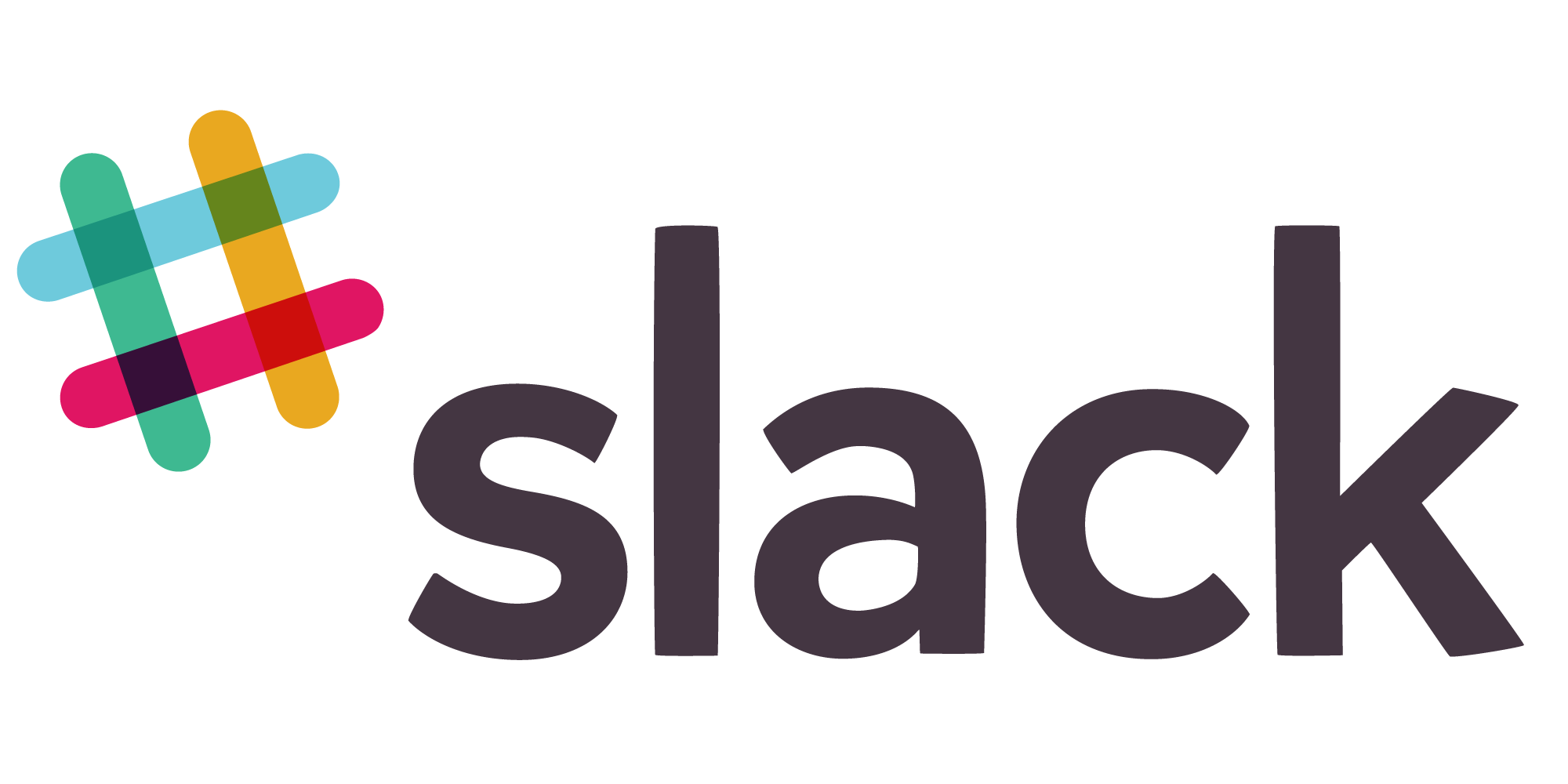 Logo van Slack: een gekleurd hekje van groene, blauwe, gele en roze balken naast het woord “slack” in donkere letters.
