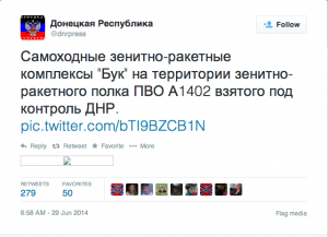 Tweet van @dnrpress (Donetskaja Respoeblika) van 29 juni 2014 die in het Russisch meldt dat zelfrijdende Buk-luchtafweerraketsystemen op het terrein van een luchtafweerregiment onder controle van de DNR zijn gekomen.