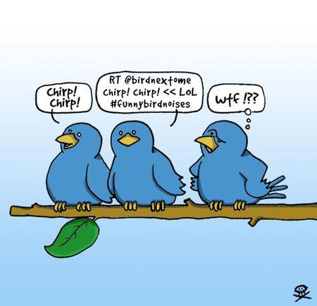 Cartoon van drie blauwe vogeltjes op een tak: de eerste zegt “Chirp! Chirp!”, de tweede retweet dat met “LoL #funnybirdnoises” en de derde denkt “wtf !??”.