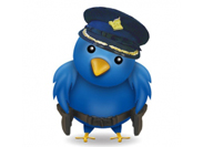 Getekend blauw Twittervogeltje met een politiepet en een koppelriem.