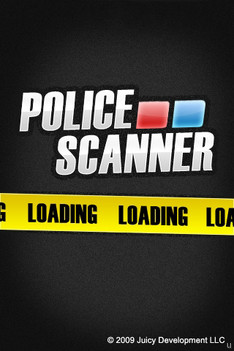Laadscherm van de app Police Scanner met rode en blauwe zwaailichtjes en een geel afzetlint met de tekst “Loading”.