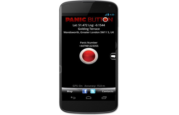 Smartphone met de app Panic Button: bovenaan GPS-coördinaten en een adres in Londen, in het midden een grote rode knop met daarboven het ingestelde noodnummer, en onderaan knoppen voor kaart, Facebook, Twitter en contacten.