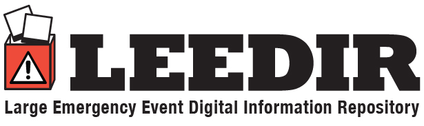 Logo van LEEDIR met een rode doos met waarschuwingsdriehoek en foto’s, en de tekst “Large Emergency Event Digital Information Repository”.
