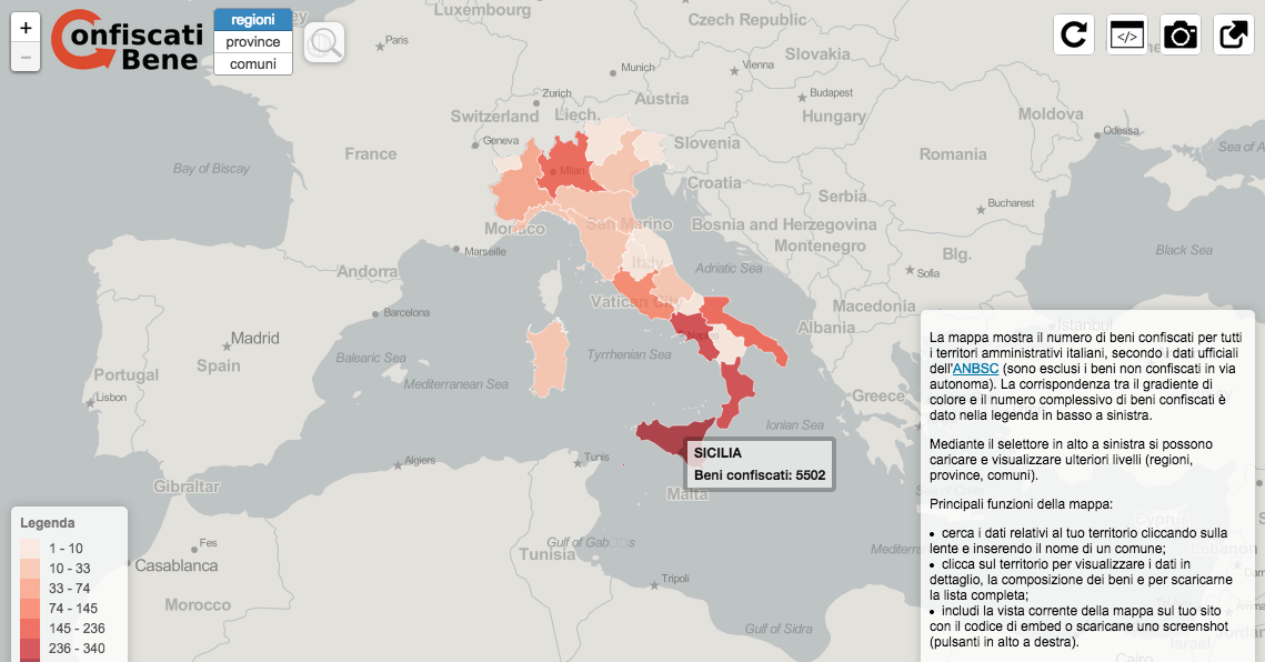 Interactieve kaart “Confiscati Bene” van Italië, waarin de regio’s zijn gekleurd naar het aantal in beslag genomen maffiabezittingen; Sicilië is het donkerst met 5502 beni confiscati, in het noorden springt Lombardije eruit.