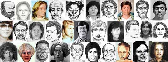 Collage van drie rijen getekende portretten en gezichtsreconstructies van onbekende mannen, vrouwen en kinderen.