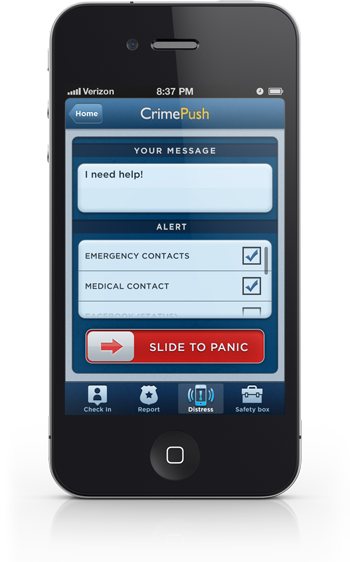 iPhone met de CrimePush-app geopend op het noodscherm, met het bericht “I need help!”, aangevinkte noodcontacten en een rode schuifknop “Slide to panic”.