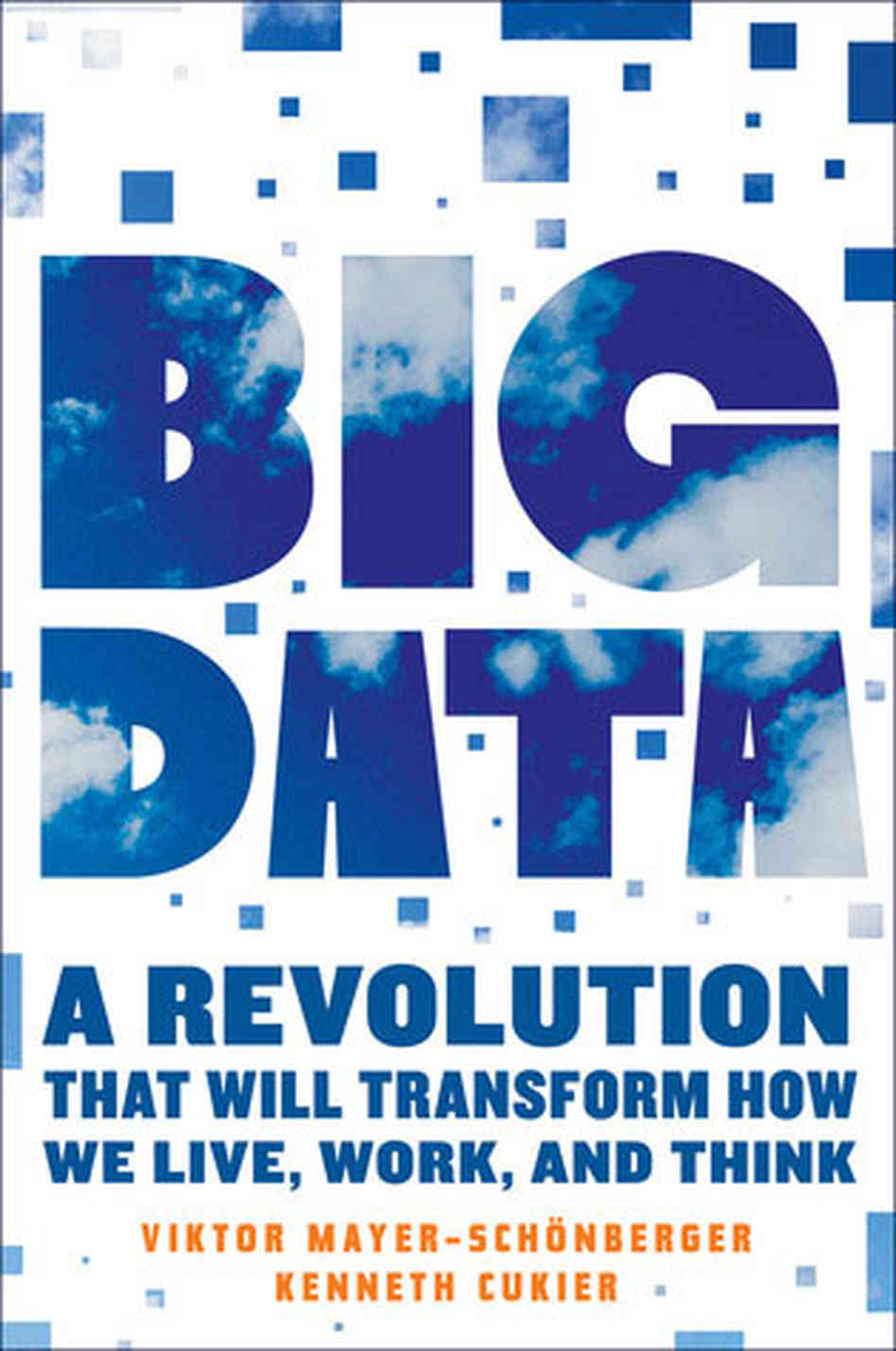 Boekomslag van “Big Data: A Revolution That Will Transform How We Live, Work, and Think” van Viktor Mayer-Schönberger en Kenneth Cukier, met grote blauwe letters gevuld met wolken.