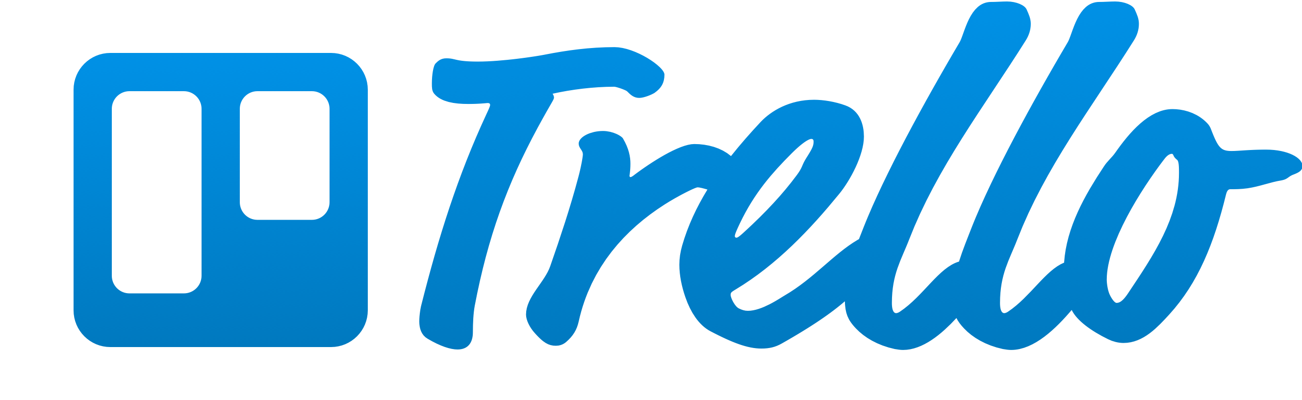 Blauw logo van Trello: een vierkant icoon met twee witte kolommen naast het woord “Trello” in schrijfletters.