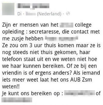 Facebookbericht over een vermist zusje dat niet thuis is gekomen en wier telefoon uitstaat, met de vraag aan wie iets weet om contact op te nemen; namen en gegevens zijn onherkenbaar gemaakt.