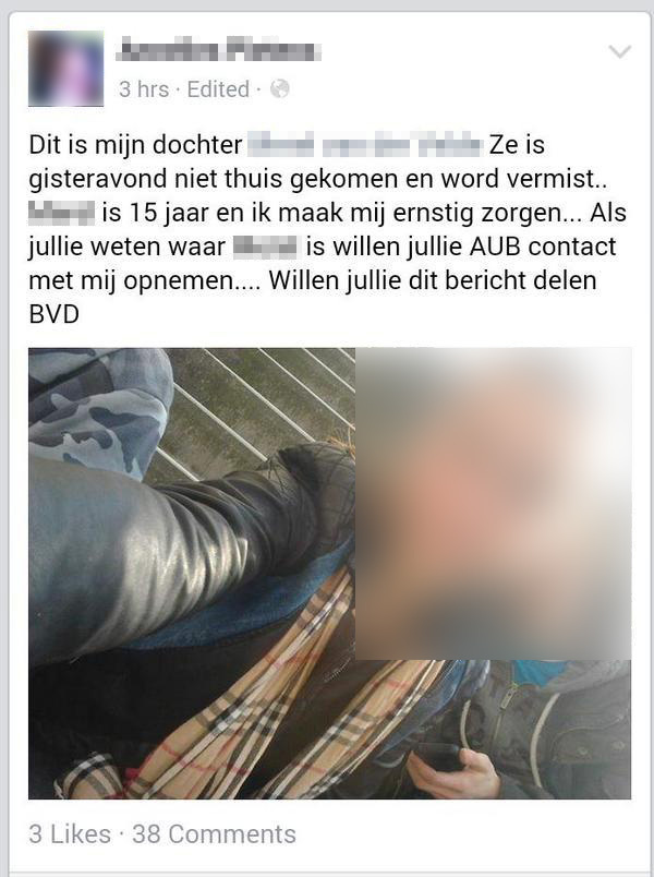 Facebookbericht van een ouder over een vermiste dochter van 15 met de vraag om contact op te nemen en het bericht te delen, met een geblurde foto eronder; namen en gezichten zijn onherkenbaar gemaakt.