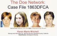 Opsporingskaart van The Doe Network, “Case File 1863DFCA”, met vier portretten van de vermiste Karen Marie Mitchell, waaronder leeftijdsprogressies.
