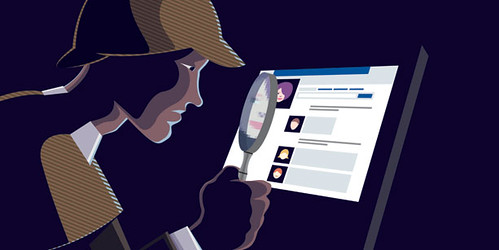 Illustratie van een speurder met een Sherlock Holmes-pet die met een vergrootglas naar profielen op een computerscherm kijkt.