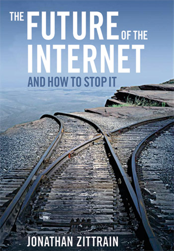 Omslag van het boek “The Future of the Internet and How to Stop It” van Jonathan Zittrain, met spoorrails die afbuigen naar de rand van een klif.