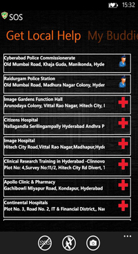 Scherm “Get Local Help” van de app Guardian met een lijst van politiebureaus, ziekenhuizen en apotheken in de buurt in Hyderabad, elk met een politie- of rood kruispictogram.