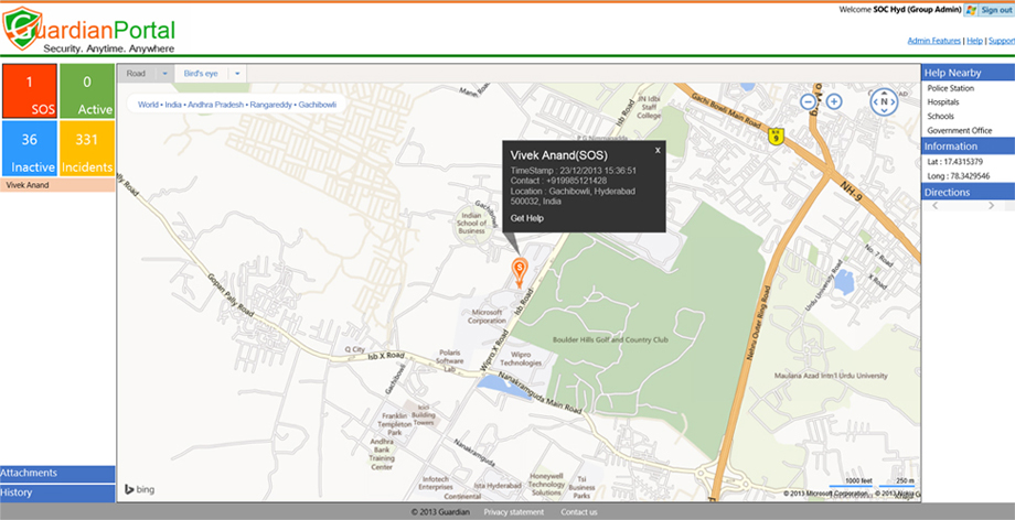 Webdashboard GuardianPortal (“Security. Anytime. Anywhere”) met tellers voor SOS, actieve en inactieve gebruikers en incidenten. Op een Bing-kaart van Gachibowli in Hyderabad staat een SOS-melding met tijdstip en locatie, met rechts een menu voor hulp in de buurt.
