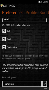 Voorkeurenscherm van de app Guardian waarin is aangevinkt dat bij een SOS buddies worden ingelicht via sms, e-mail en een Facebookbericht. Daaronder staat dat de app met Facebook is verbonden en de Facebookgroep “Guardian”.