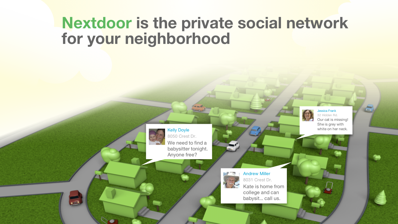Illustratie van een groene woonwijk met tekstballonnen van buren, zoals een vraag om een oppas en een melding van een vermiste kat, onder de kop “Nextdoor is the private social network for your neighborhood”.