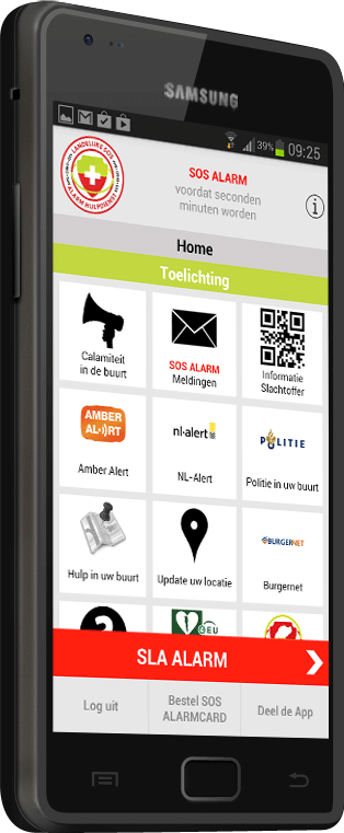 Samsung-smartphone met het startscherm van de app SOS Alarm, met tegels als Calamiteit in de buurt, Amber Alert, NL-Alert, Politie in uw buurt en Burgernet, en een rode knop “SLA ALARM”.