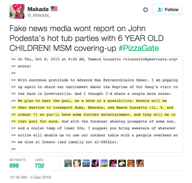 Tweet met de hashtag #PizzaGate die zonder bewijs beweert dat John Podesta feesten met kinderen hield, met daaronder een schermafbeelding van een e-mail over een zwembad en een bezoek aan een boerderij.