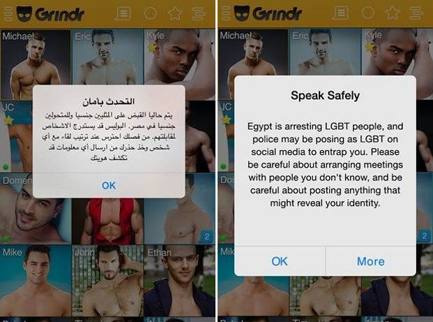 Twee schermafbeeldingen van Grindr met een raster van profielfoto’s en een melding “Speak Safely” in het Arabisch en Engels: Egypte arresteert LGBT-mensen en de politie doet zich mogelijk op sociale media als LGBT voor.
