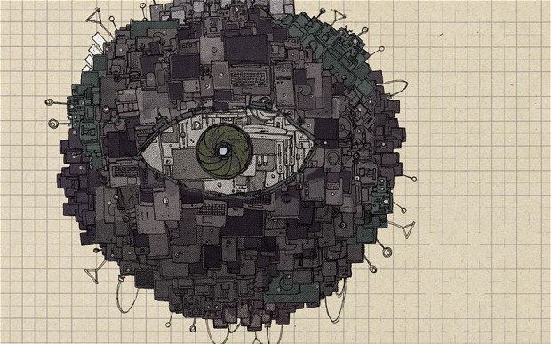 Tekening op ruitjespapier van een grote bol opgebouwd uit grijze apparaten, schermen en antennes, met in het midden een groot oog met een cameralens als pupil.