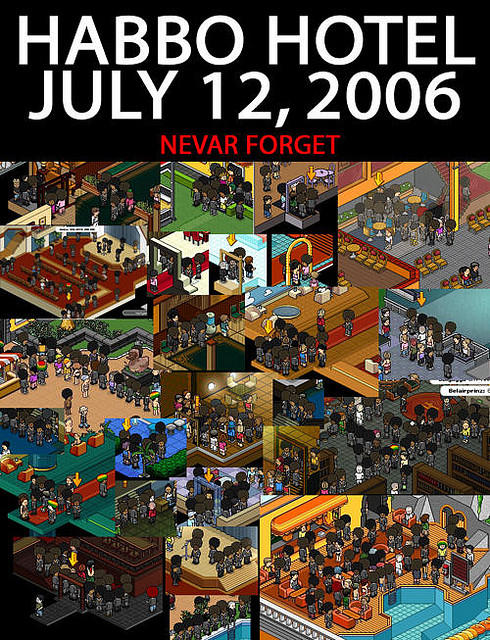 Collage van schermafbeeldingen uit Habbo Hotel vol identieke donkere avatars met afrokapsel, onder de tekst “Habbo Hotel July 12, 2006” en “Nevar forget”.
