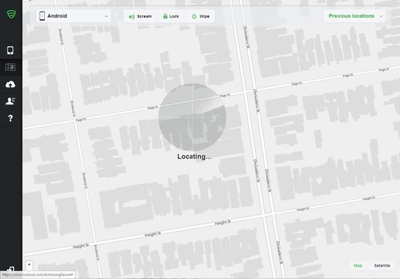 Schermafbeelding van de Lookout-webportal met een stratenkaart waarop een Android-telefoon wordt gezocht (“Locating…”), met knoppen voor Scream, Lock en Wipe.