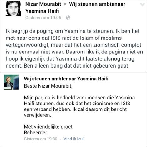 Schermafbeelding van Facebookberichten op de pagina “Wij steunen ambtenaar Yasmina Haifi”. Een gebruiker vraagt Haifi haar uitspraak over een zionistisch complot terug te nemen, waarop de beheerder antwoordt dat hij het bericht zal verwijderen.